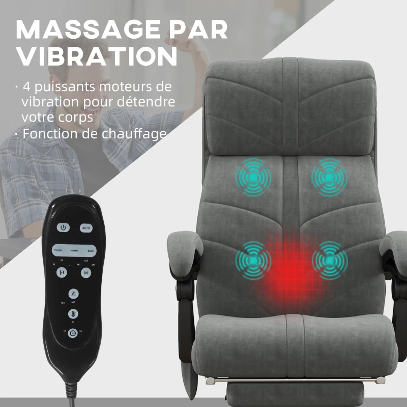Vinsetto Fauteuil chaise de bureau massant chauffant inclinable avec repose-pieds intégré 5 roulettes gris