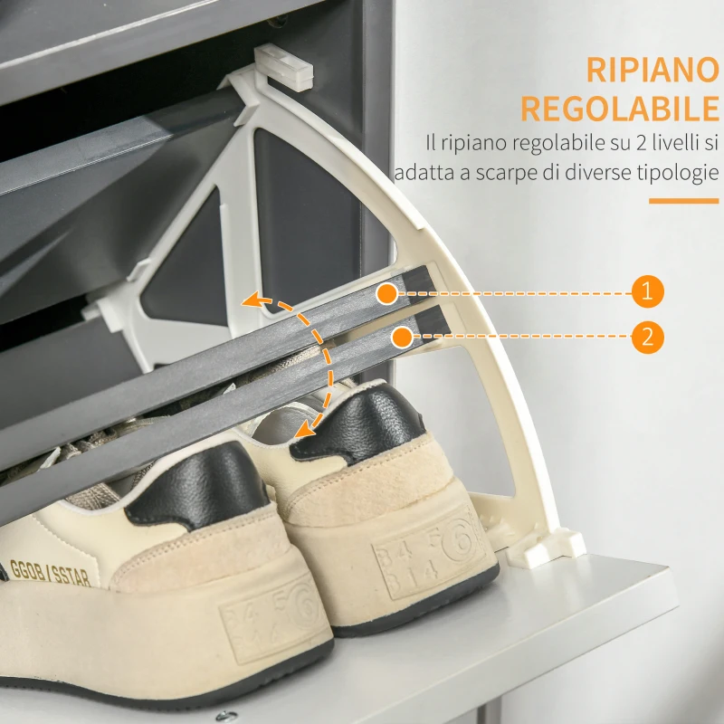 HOMCOM Scarpiera Salvaspazio per 8 Paia di Scarpe con 2 Ante e Armadietto, 80x25.5x112.5cm, Grigio e Bianco