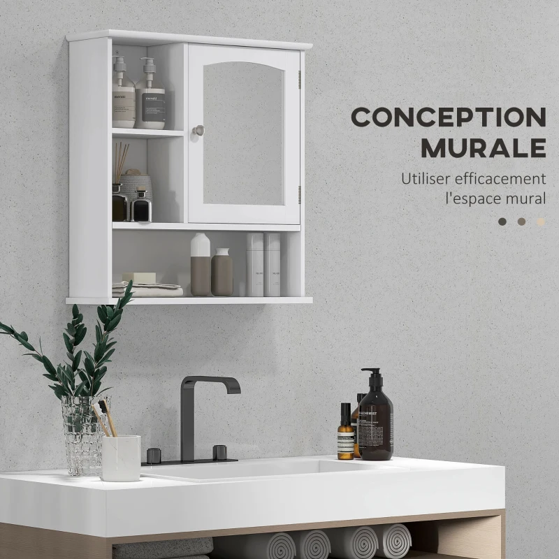 kleankin Armoire Murale Salle de Bain Armoire à Glace Placard de Rangement Toilettes 1 Porte Niche + étagères latérales MDF Blanc