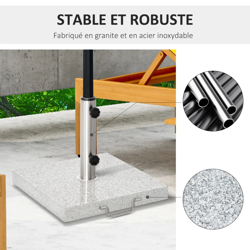 Outsunny Pied de parasol carré 25 kg, support parasol en granit avec tube en acier inoxydable Ø 35/38/48 mm, pour terrasse piscine patio jardin, 40 x 40 x 36 cm, gris