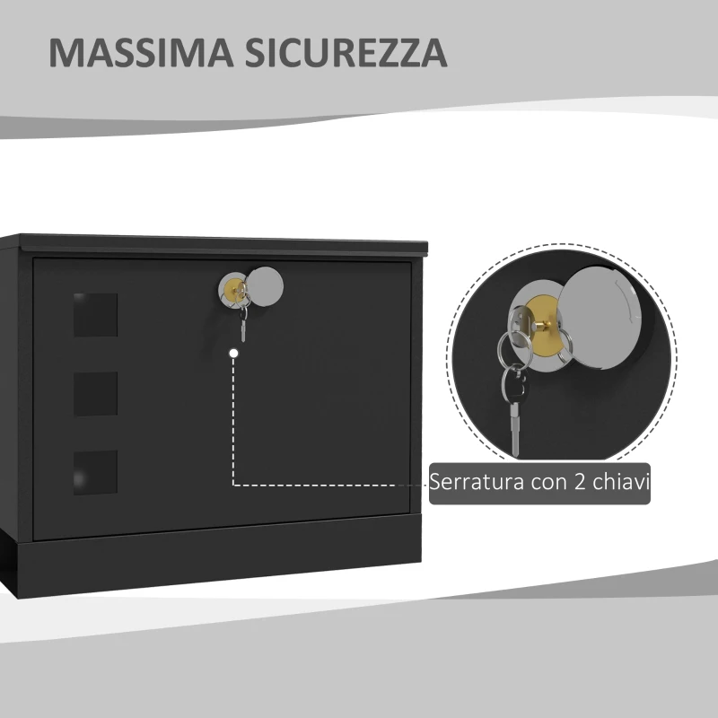 HOMCOM Cassetta Postale in Metallo con 2 Chiavi di Sicurezza, 3 Finestre e Foro di Drenaggio, 36.5x11.5x29 cm, Nera