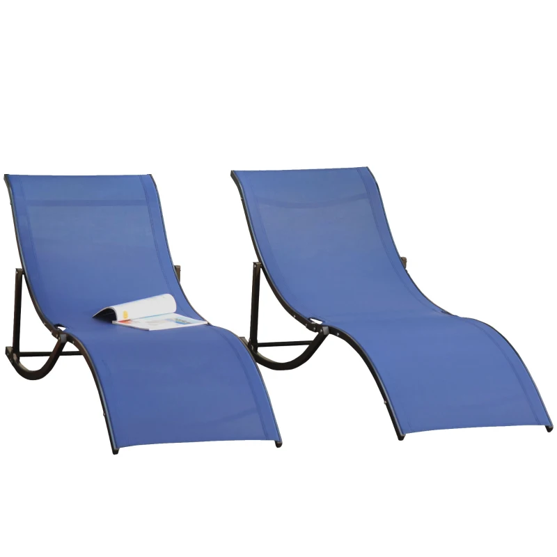 Outsunny Set of 2 S-shaped Foldable Lounge Chair Sun Lounger Reclining Outdoor Chair for Patio Beach Garden, Blue