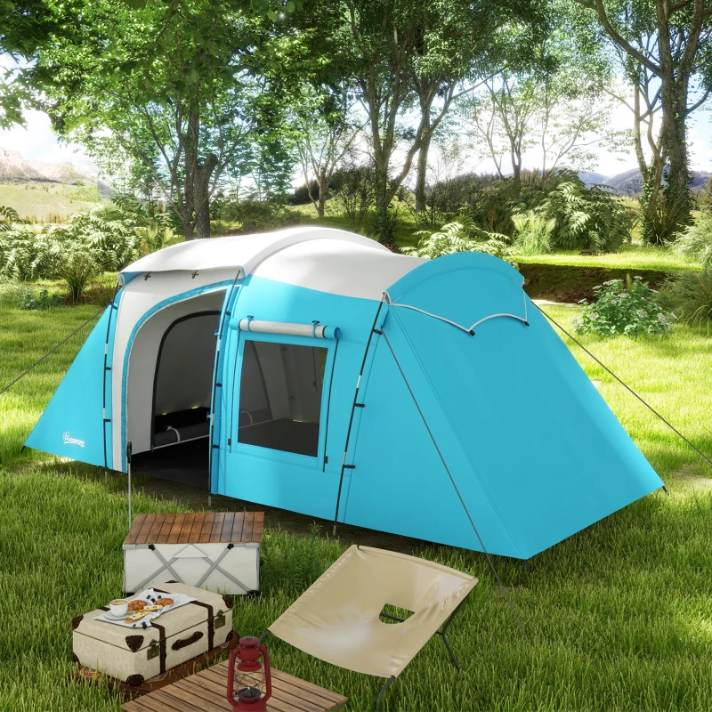 Outsunny Tente de camping familiale 3-4 personnes 2 chambres 4 portes et 4 fenêtres, sac de transport, dim. 460L x 220l x 175H cm