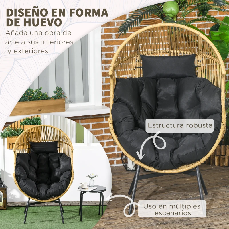 Outsunny Sillón de Ratán PE en Forma de Huevo con Reposacabezas Acolchado Cojín y Marco de Acero 89x75x143 cm Arena y Negro