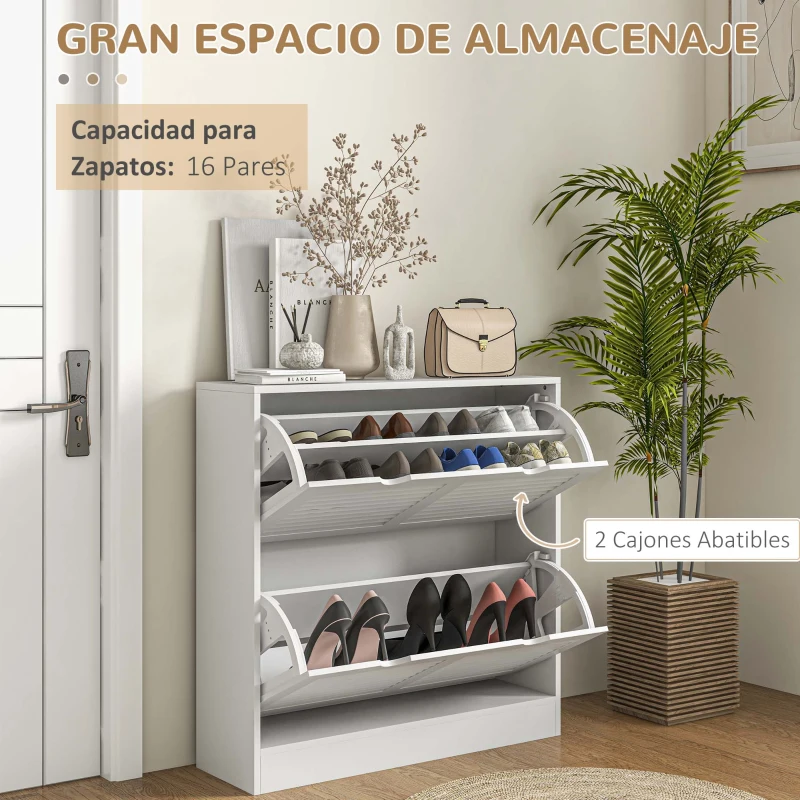 HOMCOM Zapatero de Entrada Recibidor con 2 Cajones Abatibles y Estantes Ajustables para 16 Pares de Zapatos 81,5x25x83cm Blanco(m-4)