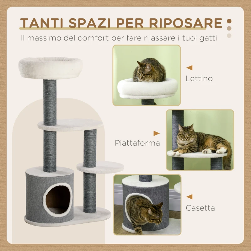 PawHut Albero per Gatti con Lettino, Casetta e Tiragraffi, 55.5x30.5x98 cm, Bianco