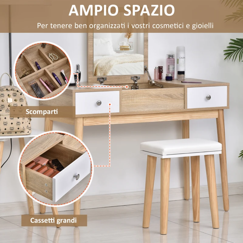 HOMCOM Tavolo da Trucco Moderno con Specchio Estraibile, Organizer Gioielli, 2 Cassetti e Sgabello, Color Legno