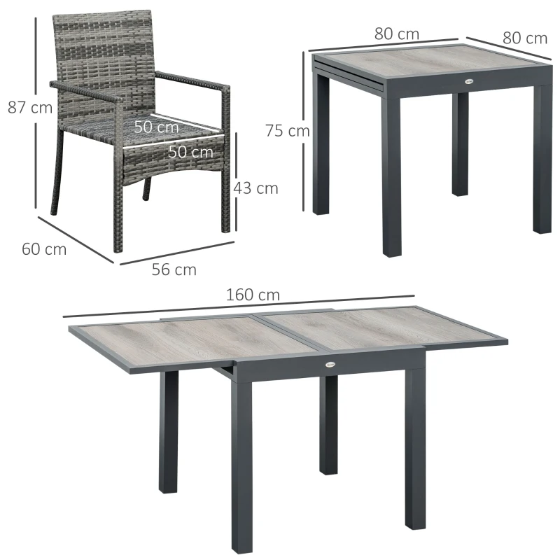 Outsunny Set da Giardino con Tavolo Allungabile e 6 Sedie con Cuscini in Rattan PE, Grigio e Marrone