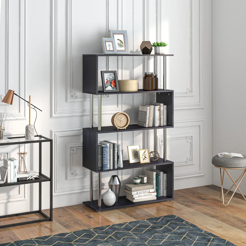HOMCOM Librería en Forma S Estantería para Libros de 4 Niveles Mueble Estantería para Salón Oficina Estudio 80x30x145 cm Negro