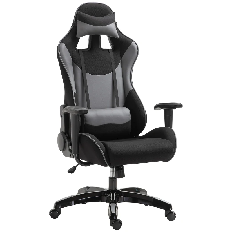 HOMCOM Fauteuil gaming style baquet racing pivotant inclinable avec coussins revêtement synthétique polyester gris noir
