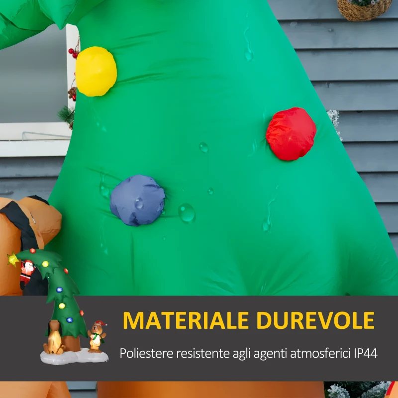 HOMCOM Albero di Natale Gonfiabile con 11 Luci a LED, Babbo Natale Cagnolino e Orso, 223 cm, Impermeabile IP44