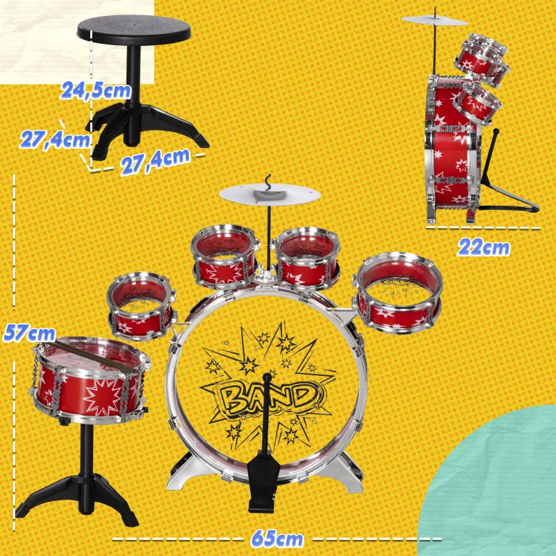 AIYAPLAY Batería para Niños de +3 Años con Tambores Bombo Platillo Pedal y Baquetas Diseño con Tema de Estrellas 65x22x57 cm Rojo