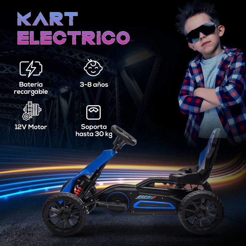 HOMCOM Kart Coche Eléctrico Infantil 12V de 3 a 8 Años Velocidad 3-5km/h y Cinturón de Seguridad 100x58x58,5cm Azul
