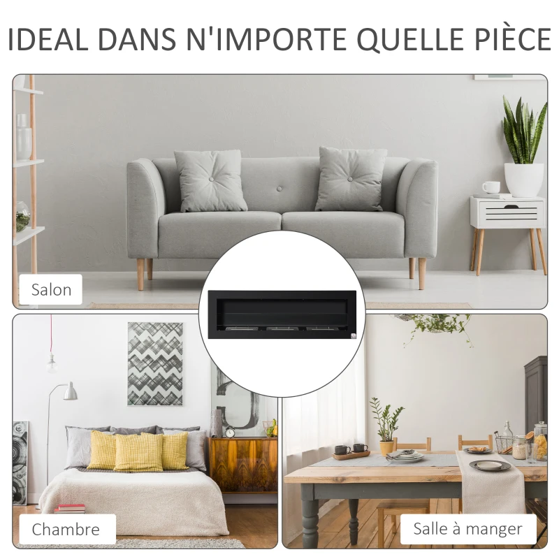 HOMCOM Cheminée bioéthanol Murale encastrable 3 brûleurs 3 L au total, environ 3 h de durée de combustion, dims. 120L x 15l x 40H cm, acier inox noir(m-8)