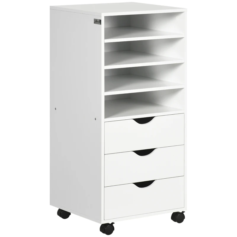 Vinsetto Cassettiera Ufficio con 4 Ruote 4 Ripiani 3 Cassetti, Schedario Portadocumenti in Legno MDF, 38x40x86.8 cm, Bianco