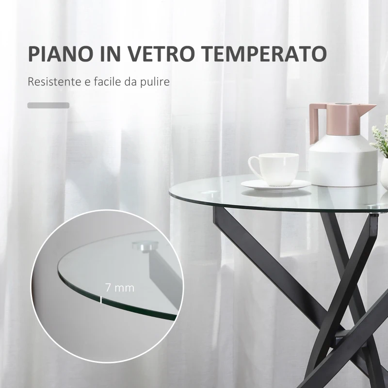 HOMCOM Tavolo Rotondo in Vetro e Gambe Incrociate in Metallo, Tavolino Moderno per Soggiorno e Studio, 80x80x75cm, Nero