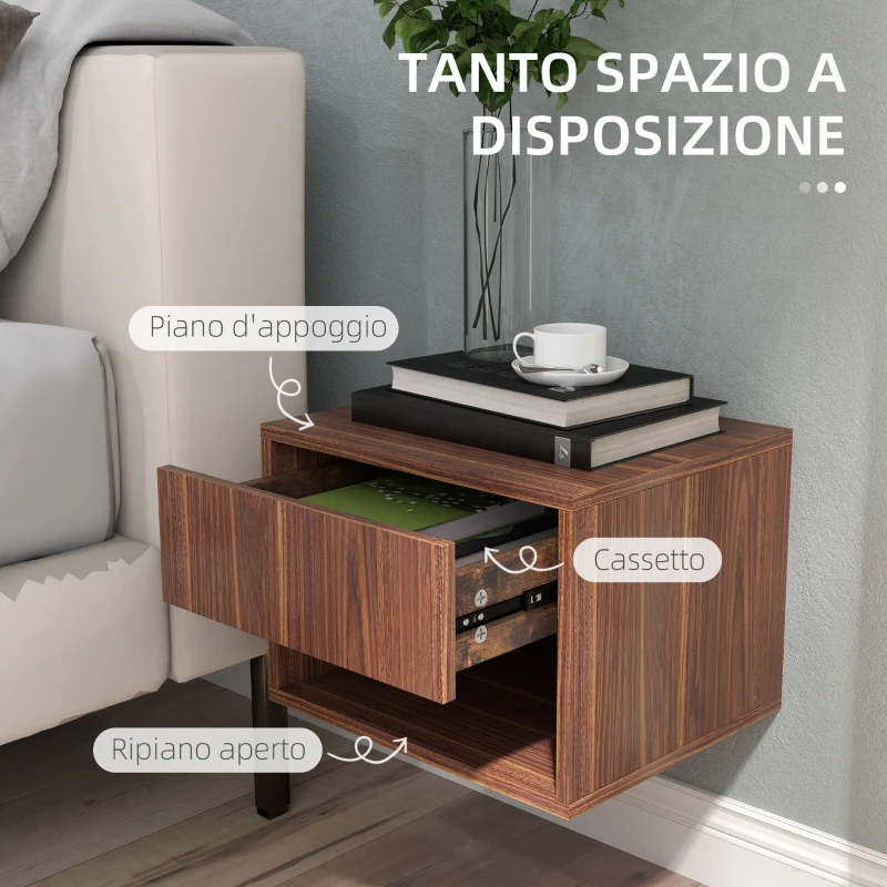 HOMCOM Set 2 Comodini Sospesi con Cassetto e Ripiano Inferiore Aperto, in Legno, 40x34x29 cm, Marrone