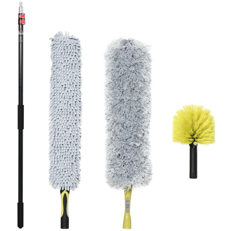 HOMCOM Kit di Pulizia per Casa e Ufficio con Asta, Spolverino per Ragnatele, Spolverino in Microfibra e Spolverino per Ventilatore
