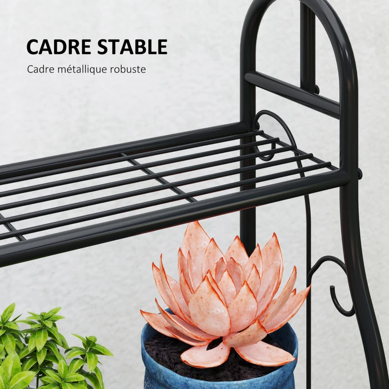 Outsunny Étagère à fleurs 3 niveaux support de plantes pour l'intérieur et l'extérieur en métal 3 crochets 75 x 25 x 137 cm noir