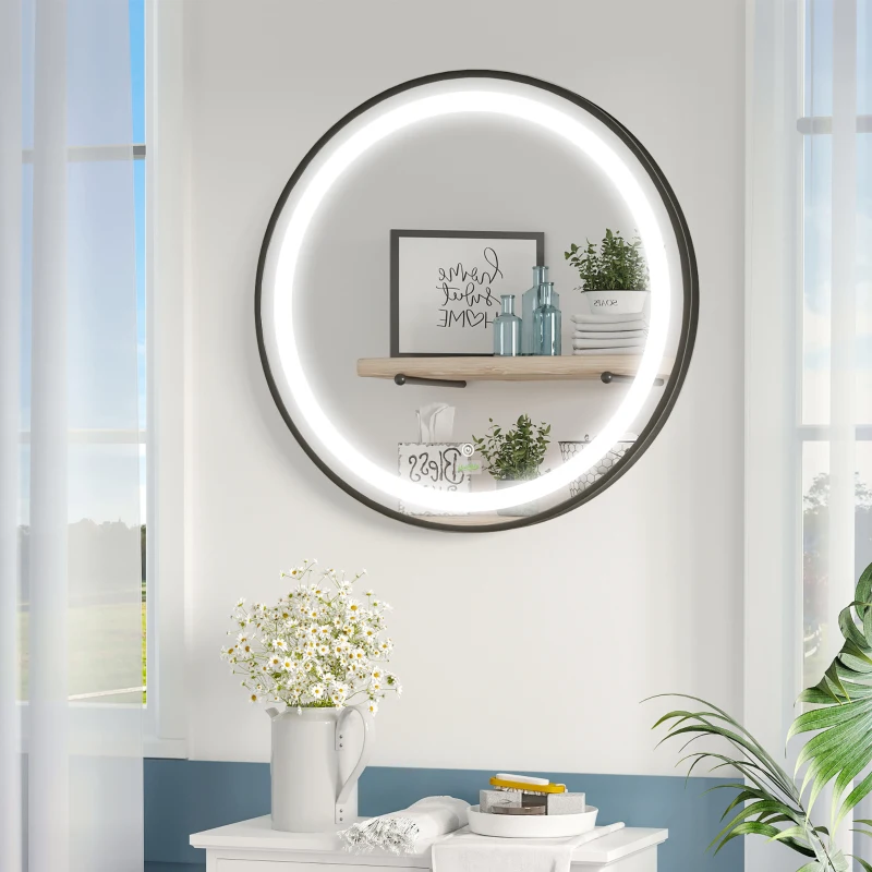 kleankin Round LED Bathroom Mirror, Dimmable Lighted Wall-Mounted Mirror with 3 Temperature Colours, Memory Function, Hardwired