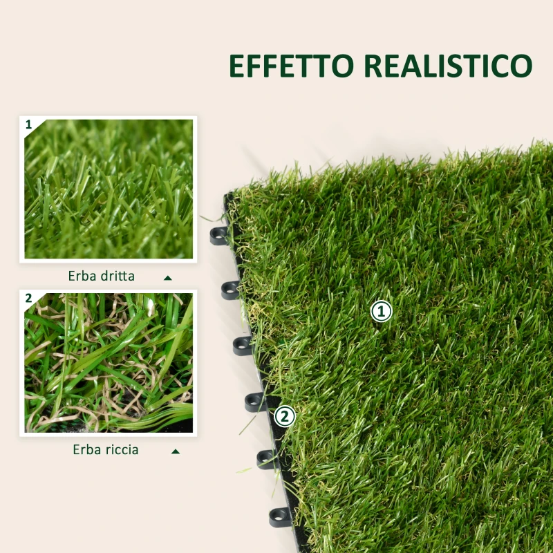 Outsunny Piastrelle da Giardino con Erba Sintetica 30x30cm 10 Pezzi, Prato Artificiale Densità 6500, Verde