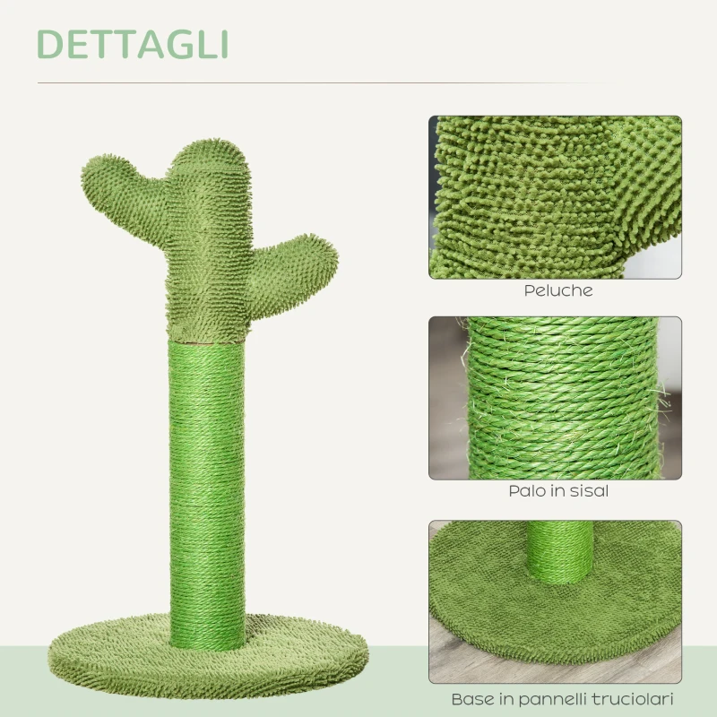 PawHut Albero Tiragraffi per Gatti a Forma di Cactus con Corde in Sisal, 40x40x65 cm, Verde