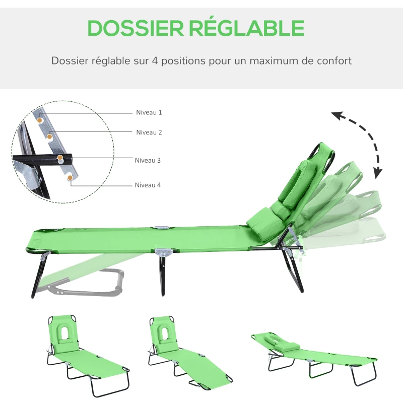 Outsunny Bain de Soleil Pliable transat inclinable 4 Positions Chaise Longue 3 Coussins fournis Vert