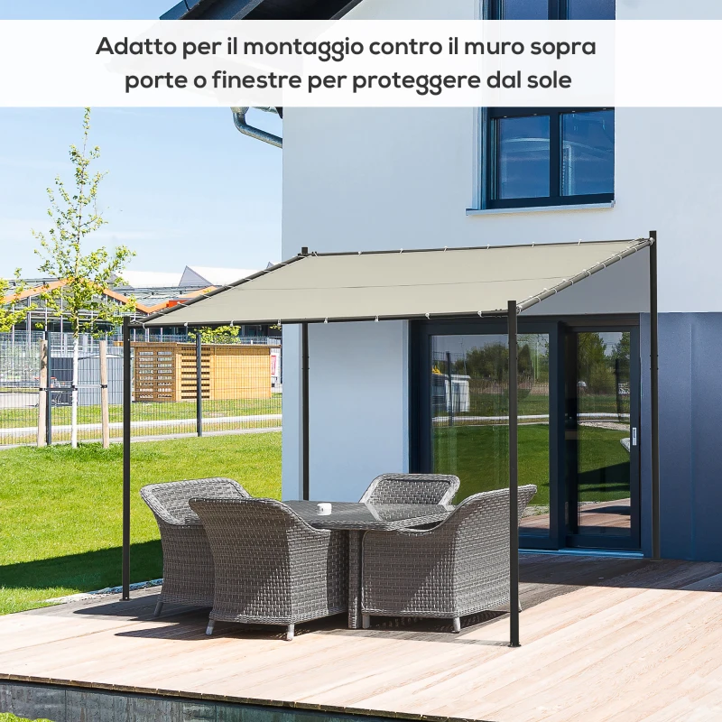 Outsunny Gazebo Pergola Addossata da Giardino 3x3m in Metallo e Poliestere Beige