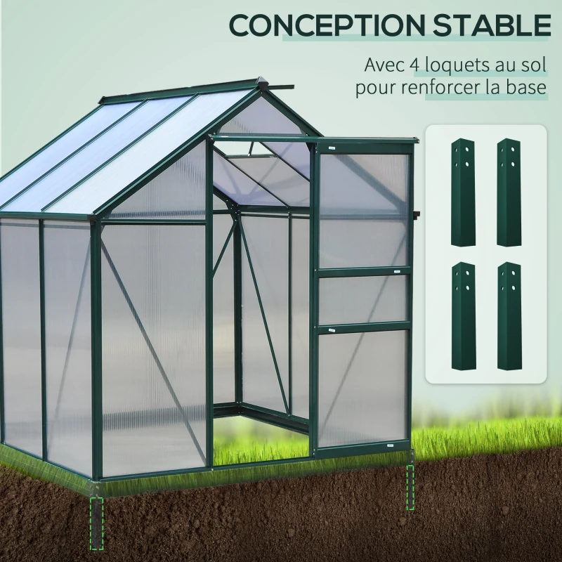 Outsunny Serre de jardin polycarbonate 190 x 192 x 201 cm résistant aux UV 30+ fondation renforcé gouttière vert foncé