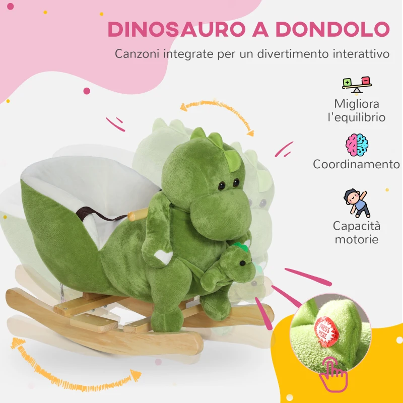 AIYAPLAY Cavallo a Dondolo per Bambini 18-36 Mesi a Dinosauro con Suoni e Rivestimento Morbido, Verde