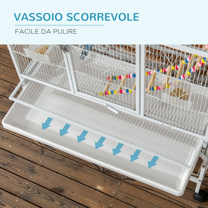 PawHut Gabbia per Uccelli in Acciaio e PP con Posatoi, Giochi, Contenitori per Cibo e Vassoio, 83x53x180 cm, Bianco