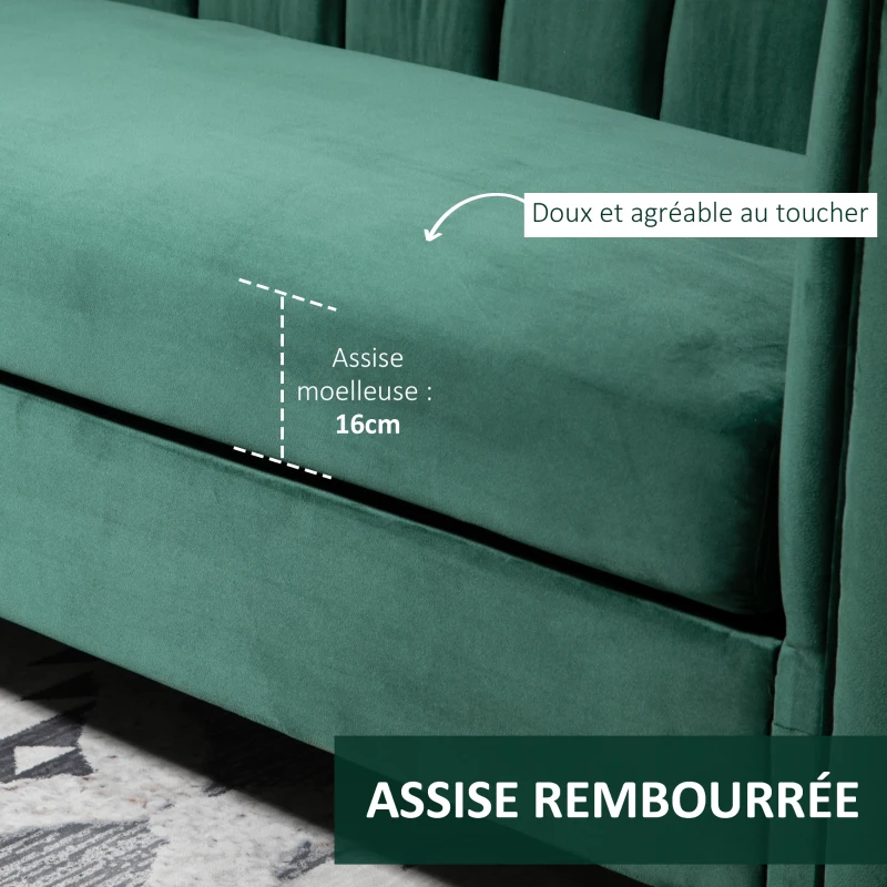 HOMCOM Canapé 3 Places Style Art Déco piètement Acier doré revêtement Velours Vert Sapin