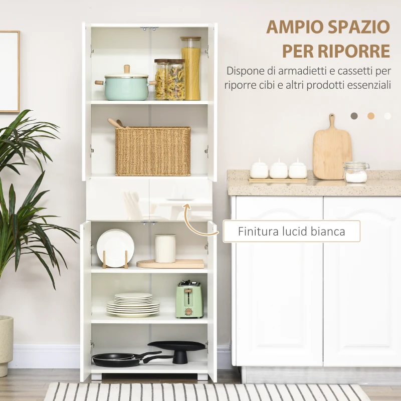 HOMCOM Dispensa Cucina con 4 Ante, 3 Ripiani Regolabili e Mensole a 5 Livelli in MDF e Truciolato, 60x35x170 cm, Bianco