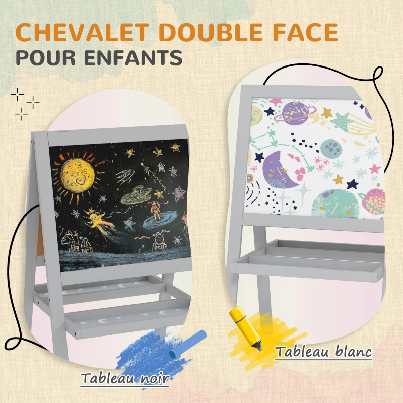 AIYAPLAY Chevalet enfant chevalet peinture enfant double face avec tableau blanc et tableau noir, étagères de rangement incluse