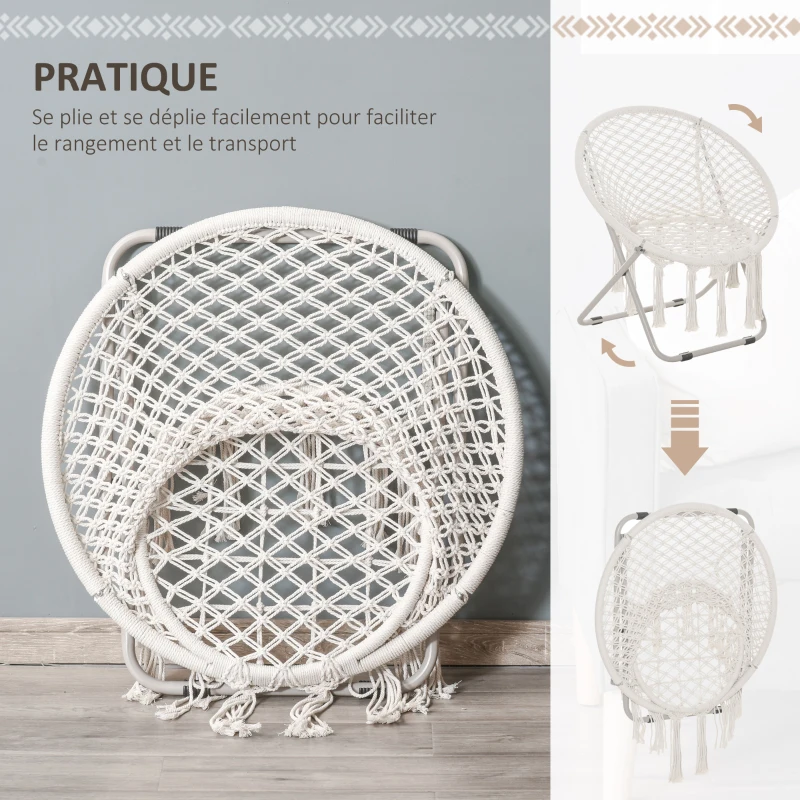 Outsunny Loveuse fauteuil rond de jardin fauteuil lune papasan pliable grand confort macramé coton polyester beige