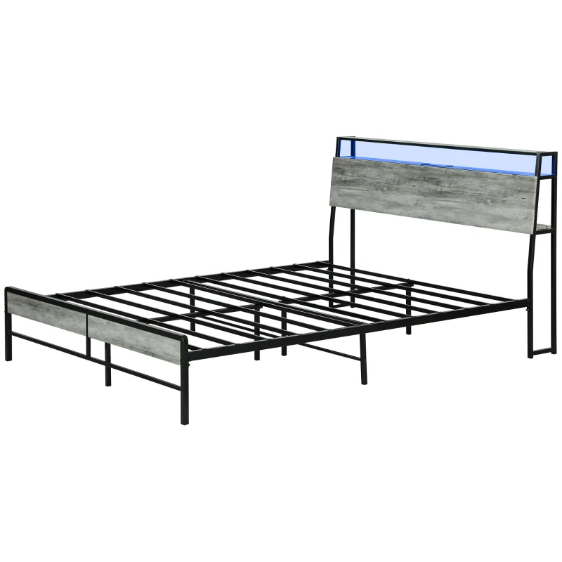 HOMCOM King Steel Bed Frame, with LED Lights and Headboard Shelf - Grey