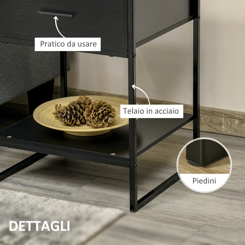 HOMCOM Comodino Moderno con Cassetto e Ripiano Aperto per Camera da Letto e Soggiorno, in Truciolato e Acciaio, 45x40x60cm, Nero