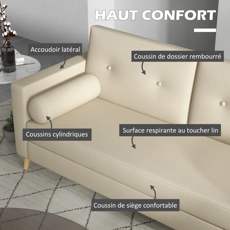 HOMCOM Canapé 3 places 180 cm style scandinave 2 petits coussins supplémentaires piètement bois revêtement tissu blanc crème