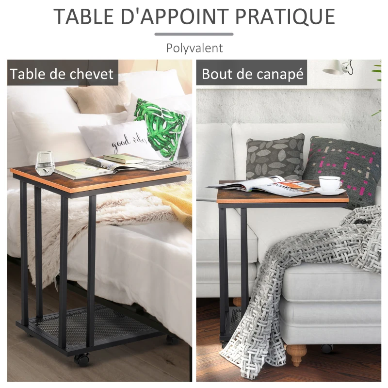 HOMCOM Lot de 2 tables d'appoint, Bout de canapé, Table de lit mobile roulante Vintage Style Industriel avec cadre en acier