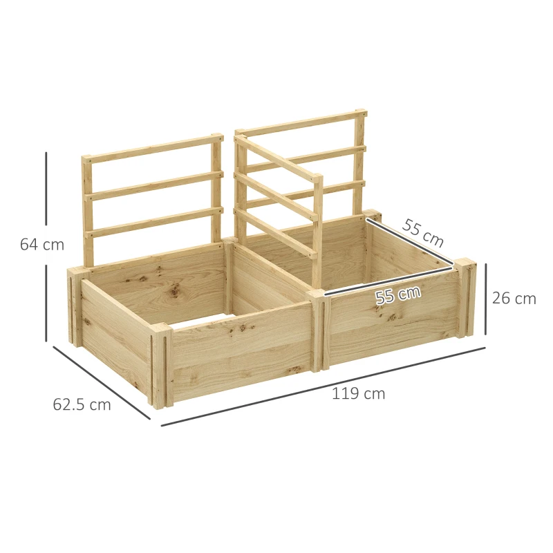 Outsunny Letto per Orto con 3 Tralicci e 2 Fioriere in Legno di Abete con Fondo Aperto, 119x62.5x64 cm, color Legno