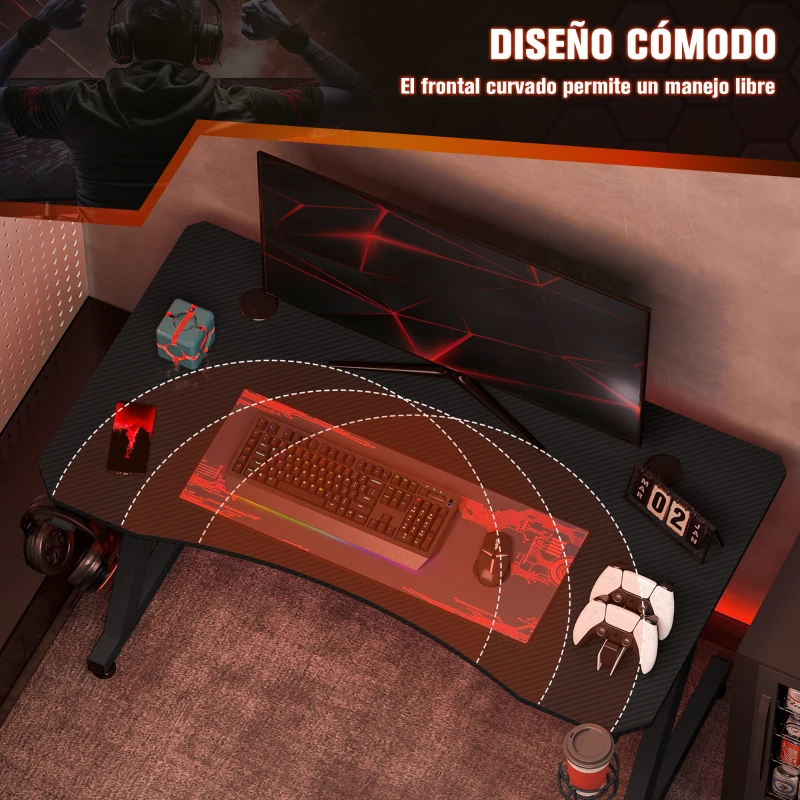 HOMCOM Mesa Gaming 120x65x74,5 cm Escritorio Ergonómico Gaming desk para Computadora PC con Portavasos Gancho para Auriculares y Pies Ajustables Efecto de Fibra de Carbono Negro