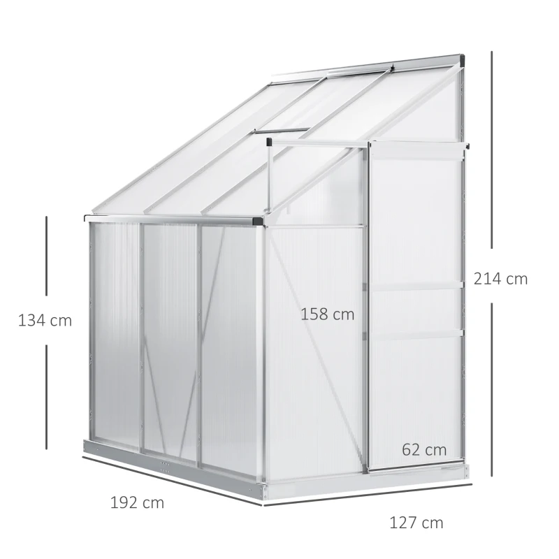 Outsunny Serre de jardin adossée aluminium polycarbonate 2,4 m² dim. 192L x 127l x 214H cm avec fenêtre et porte coulissante