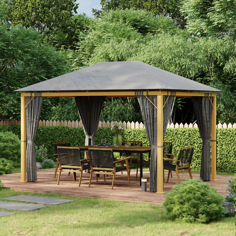 Outsunny Tonnelle de jardin rectangulaire avec rideaux et toile de toit en polyester 4 x 3 m - structure en aluminium(m-2)