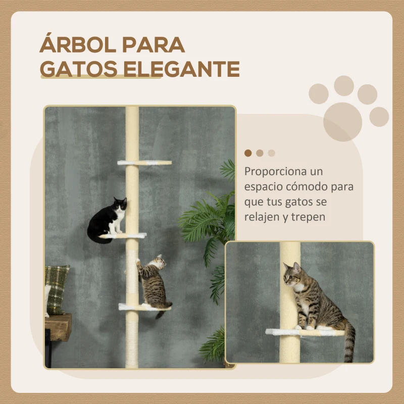 PawHut Árbol para Gatos de Suelo a Techo con Altura Ajustable  Poste de Sisal y Bola para Jugar 47x34x220-260 cm Crema