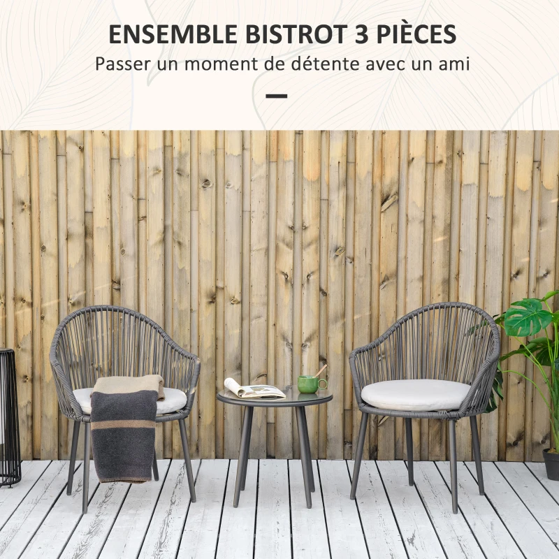 Outsunny Ensemble de jardin salon de jardin en résine tressée cadre en acier 2 fauteuils + 1 table basse coussins inclus gris