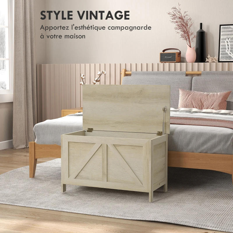 HOMCOM Coffre de rangement couvercle relevable avec charnières de sécurité pour ouvrir à 100 ° 76L x 39l x 48H cm bois naturel