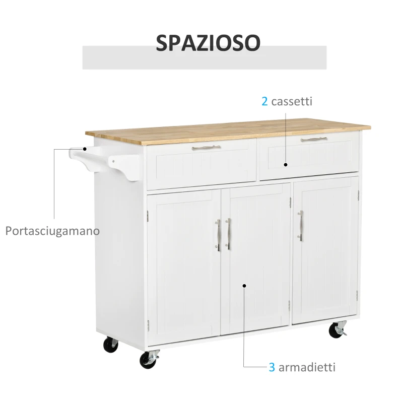 HOMCOM Carrello da Cucina Multiuso in Legno con 2 Cassetti, 3 Antine e 4 Ruote 121x46x91cm - Bianco