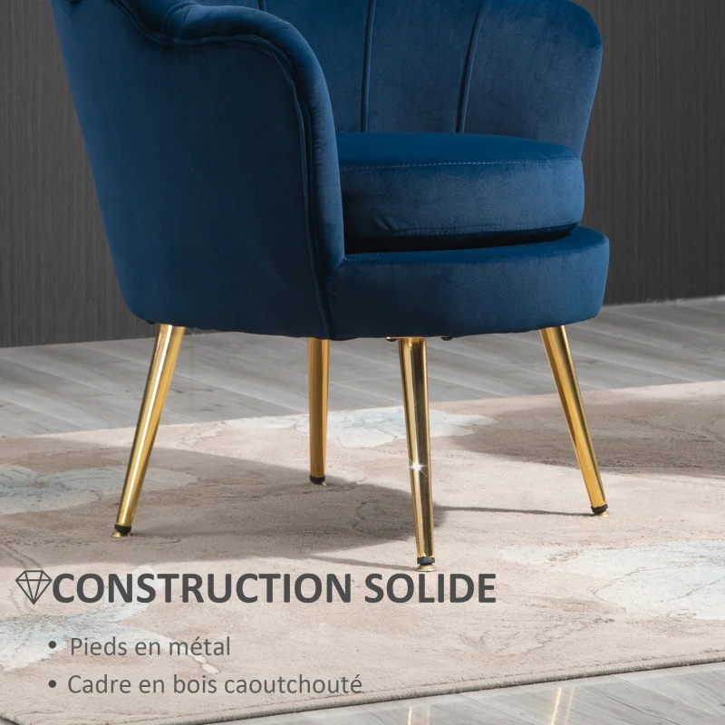 HOMCOM Fauteuil salon fauteuil en velours fauteuil coquillage avec pieds en métal doré pour chambre à coucher, bleu