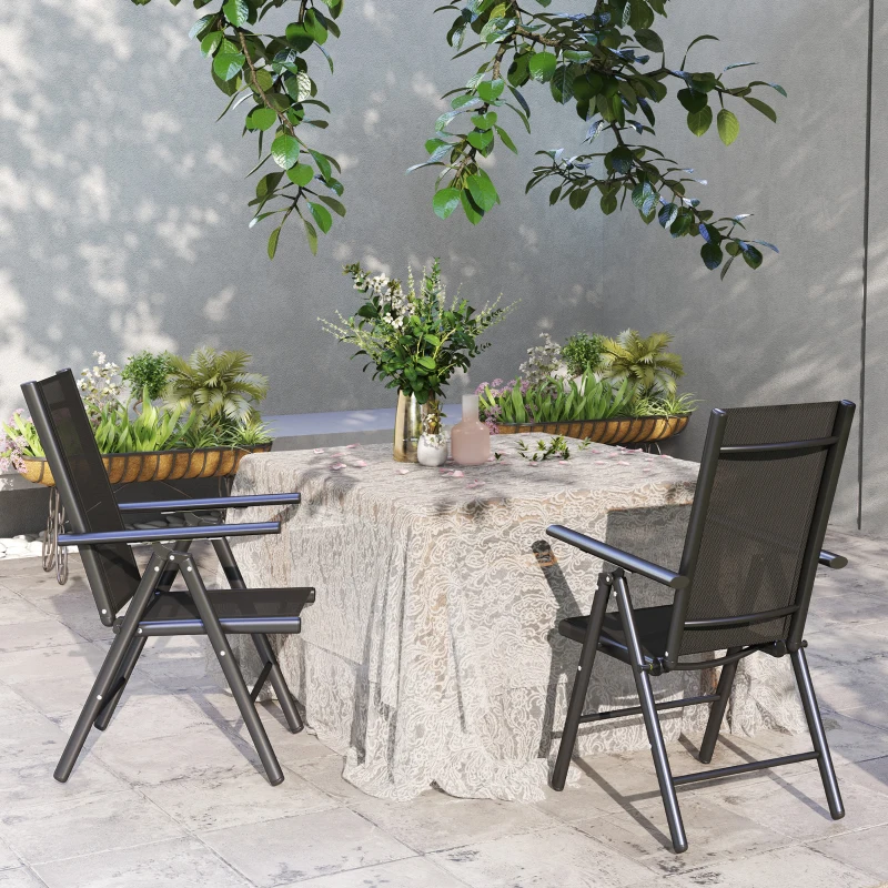 Outsunny Set of 2 Folding Garden Chairs, Aluminium Frame Outdoor Dining Chairs with Breathable Mesh Back and Seat, Garden Folding Chair Set with Armrests for Balcony, Black