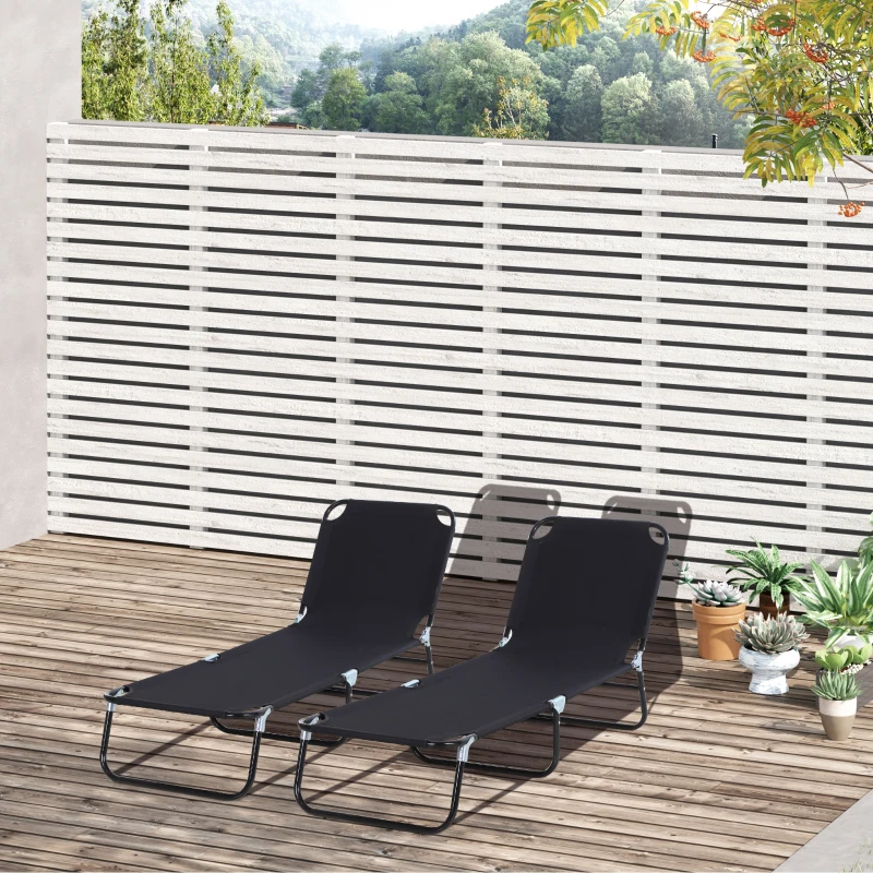 Outsunny 2 Piece Foldable Sun Loungers with 5-Position Adjustable Backrest, Outdoor Portable Recliner Chaise Lounge Chairs with Breathable Mesh Fabric, Black